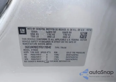 2015 Chevrolet Silverado 1500 1Lt z USA, uszkodzony, nr VIN 3GCUKREC7FG178642